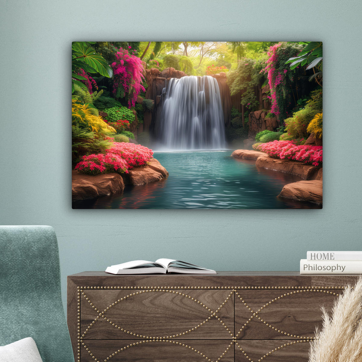 LEINWANDBILD Wasserfall - Natur - Pflanzen - Dschungel - Wasser Gemälde 60x40 cm - Grün, Textil (60/40cm) - MuchoWow