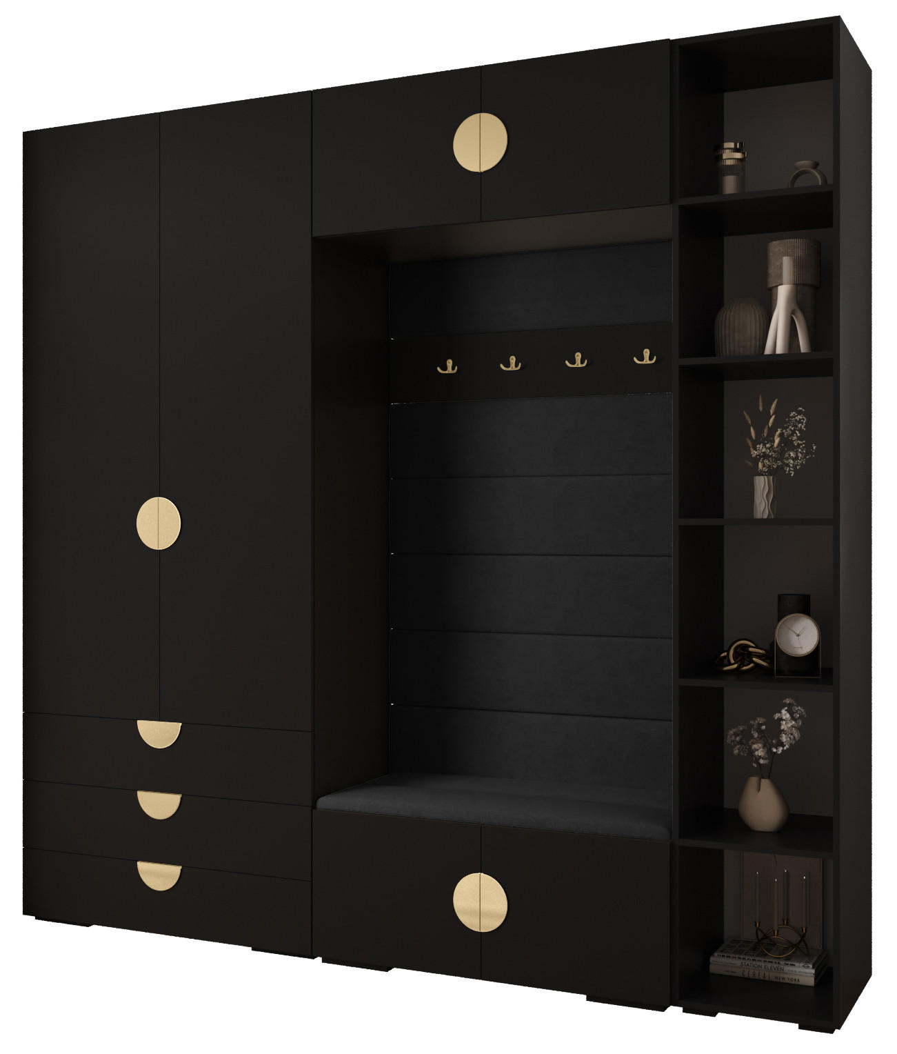 Abiks Möbel Garderoben-Set Schwarz, Schwarz, Gold 240x236.7x47 cm