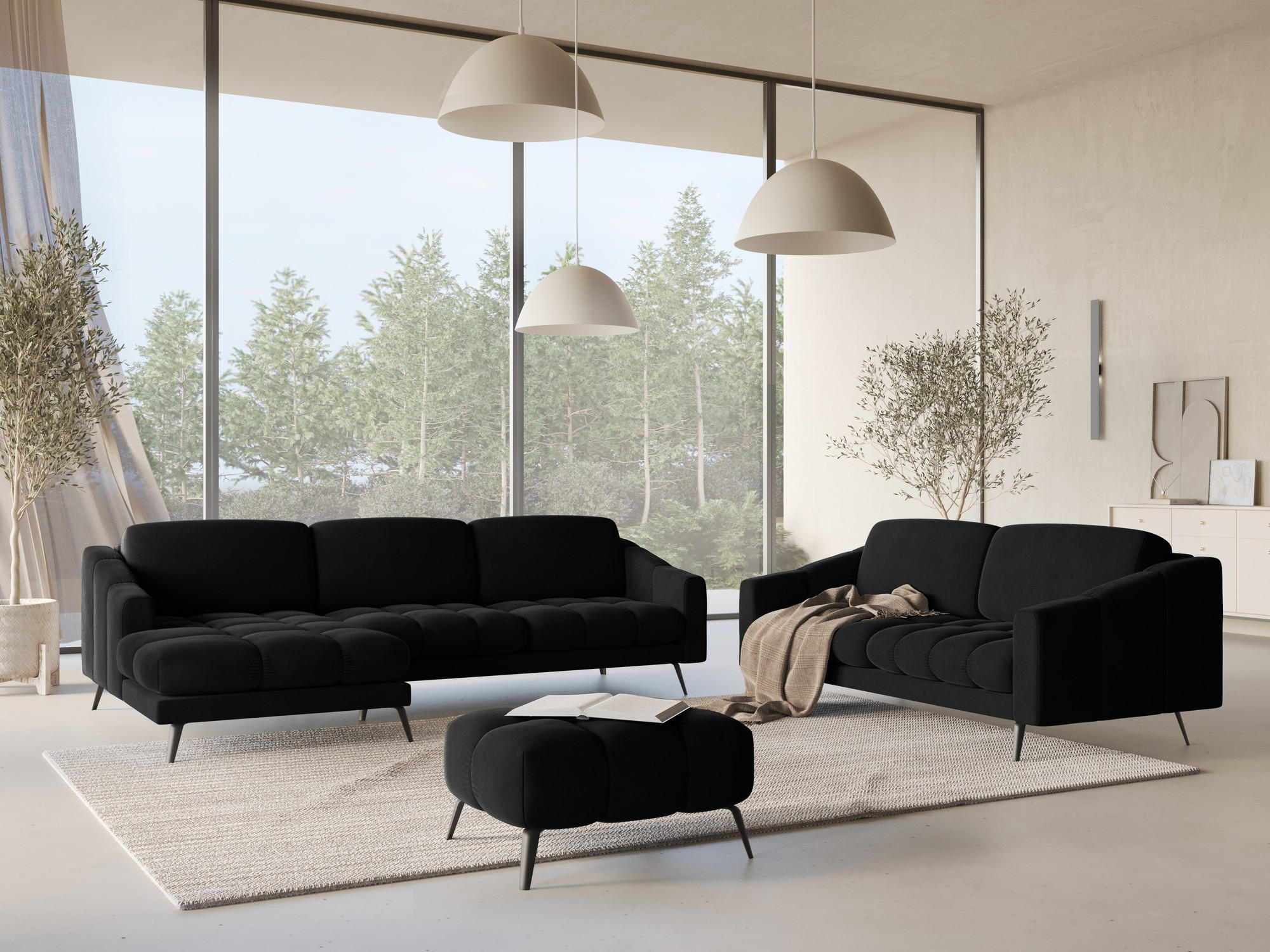 ECKSOFA Links Samt Stoff Schwarz - Schwarz, Textil/Metall (160/264cm) - Makamii