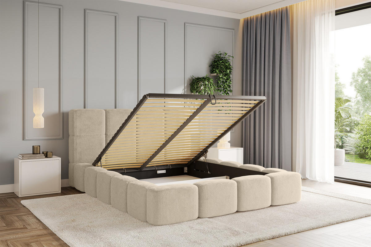 POLSTERBETT mit Bettkasten und Lattenrost mit Kopfteil, Boxbett ohne Matratze, mit Stauraum - NATA 160x200 Creme - Creme, Holzwerkstoff/Textil (160/200cm) - ALTDECOR