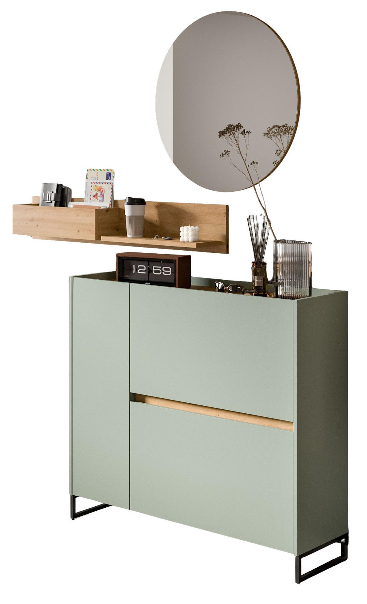 GARDEROBE Set 3-teilig in Salbei und Artisan Eiche 140 x 197 cm, Soft-Close Borga - Salbeigrün/Schwarz, Holzwerkstoff/Metall (140/197/32cm) - Inn.Furn