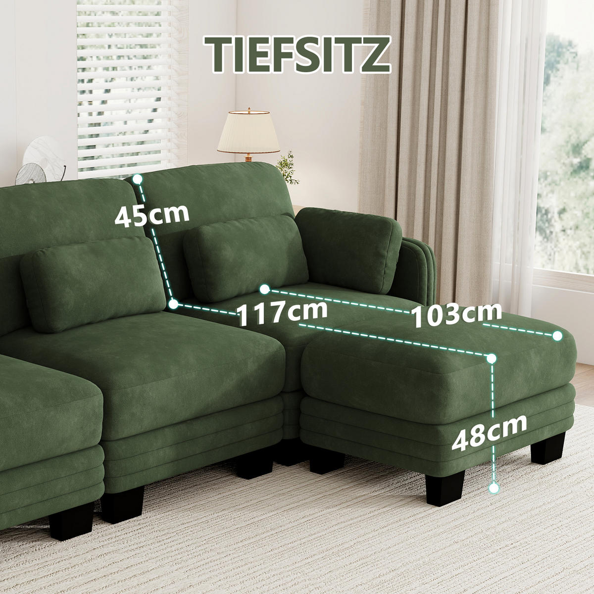 2-SITZER-SOFA mit 2 Ottomanen, DE-42686, Grün - Grün, Holz (176/88/143cm) - ComfortXL
