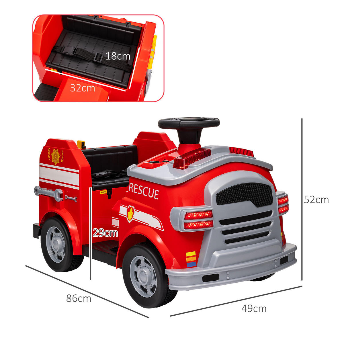 FEUERWEHRAUTO, Elektro-Kinderauto, max. 3 km/h, Sirene, Blaulicht, Werkzeuge, für Kinder 3-5 Jahre - Rot, Kunststoff/Metall (86/49/52cm) - AIYAPLAY