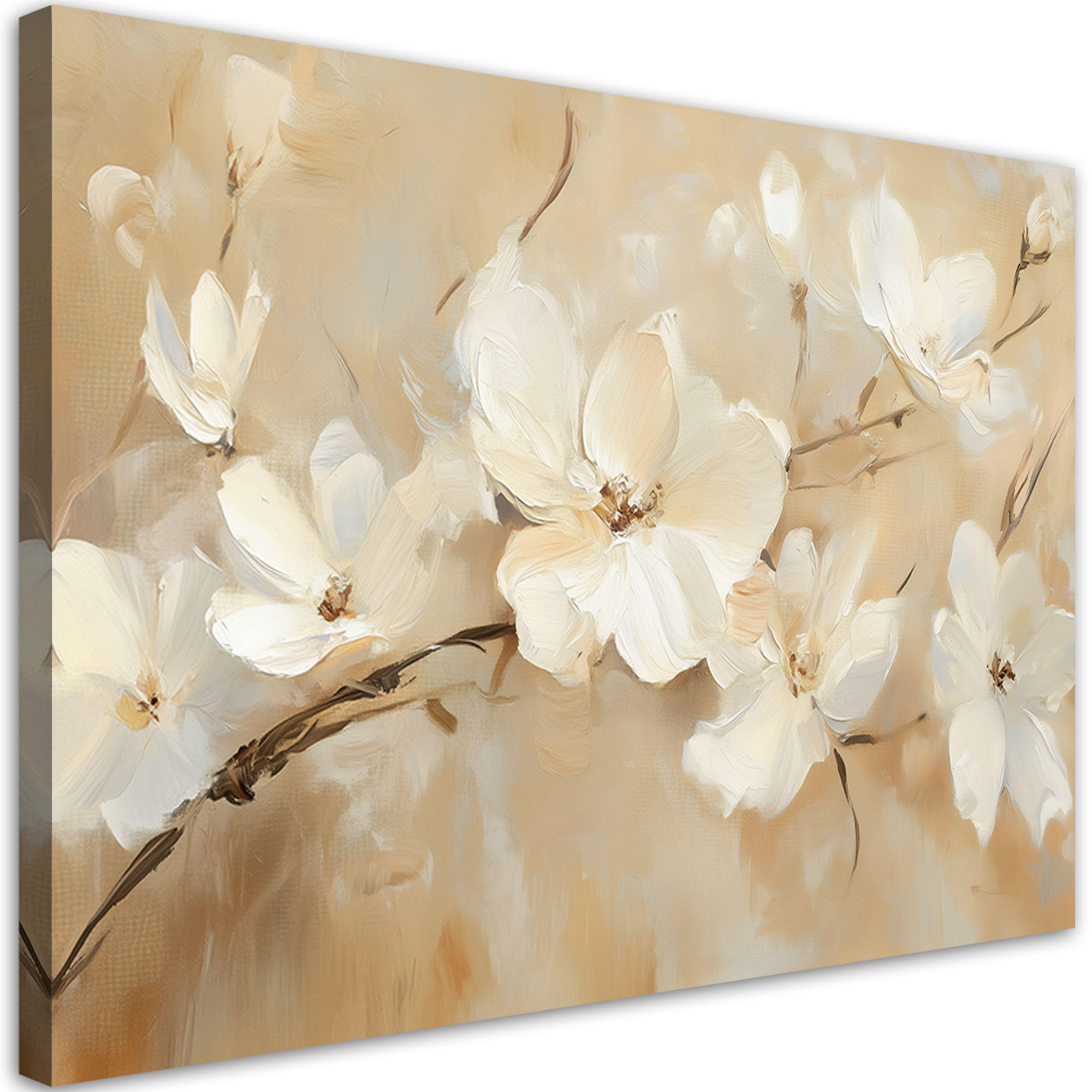 LEINWANDBILD Weiße Blumen auf beigem Hintergrund 100x70cm - Beige, Textil (100/70cm) - Feeby
