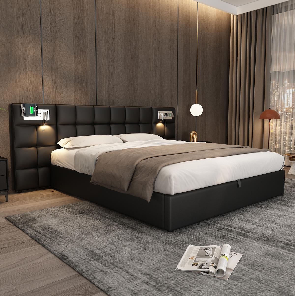 POLSTERBETT aus PU 180x200 cm Schwarz mit Stauraum, USB-Anschluss, kabellosem Laden und Beleuchtung - Schwarz, Leder (180/200cm) - IVMEU