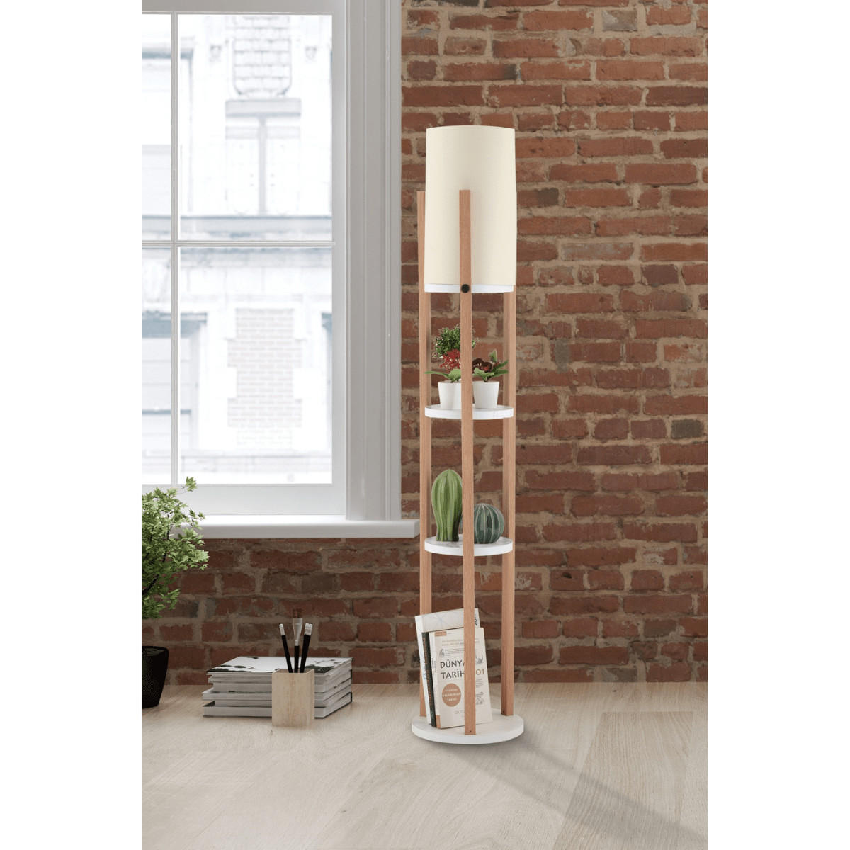 LAMPE mit 3 runden ablagen - circle 21/21/135 cm - Weiß, Holzwerkstoff (21/21/135cm) - Calicosy