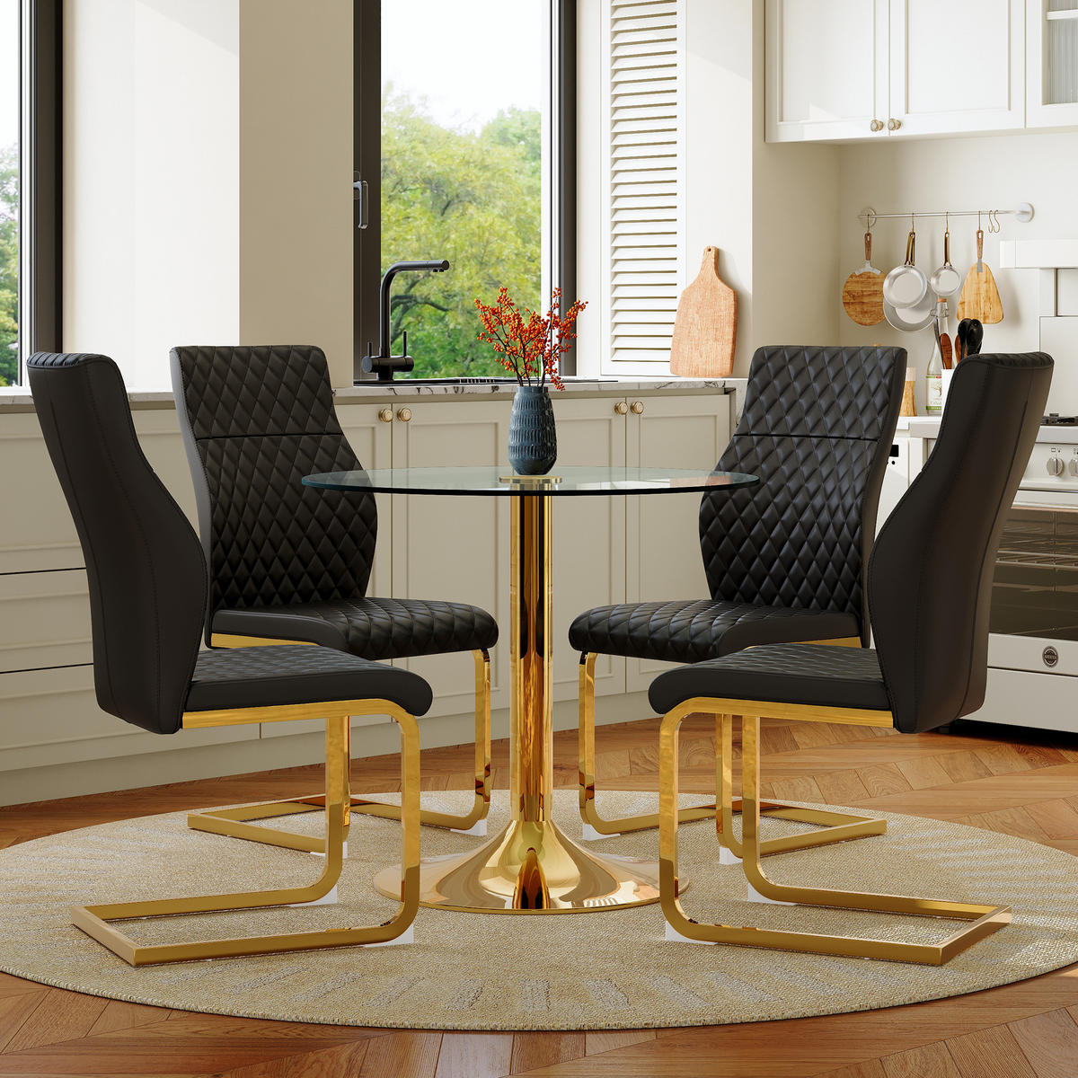 ESSGRUPPE DE-39470 5-teilig, Glastisch und 4 Stühlen mit Rautenmuster Schwarz - Schwarz, Metall (85/75/85cm) - ComfortXL