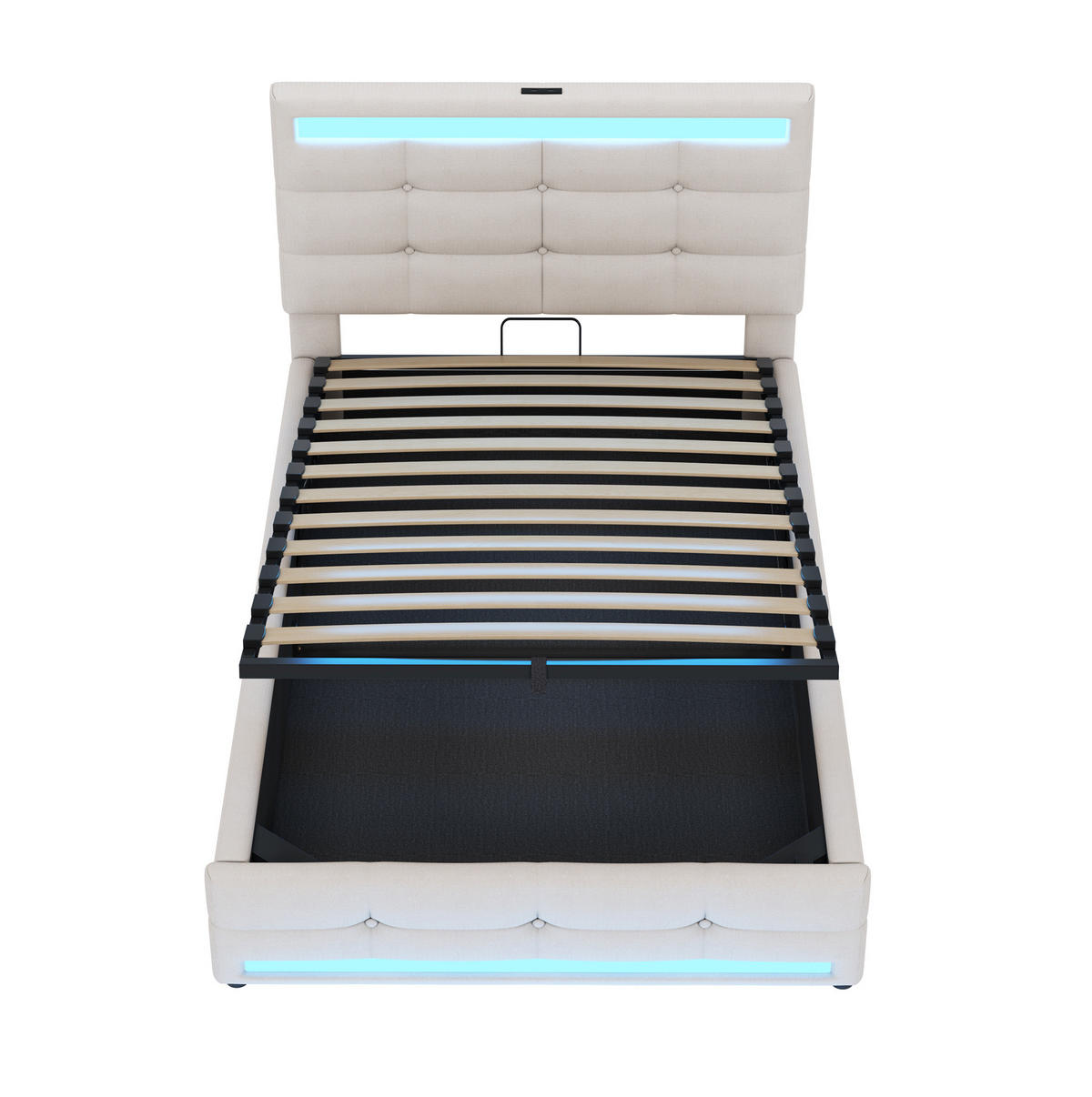 POLSTERBETT 90/200 cm mit RGB-LED, USB-Anschlüssen und verstellbarem Kopfteil, Beige - Beige, Textil (90/200cm) - Redom