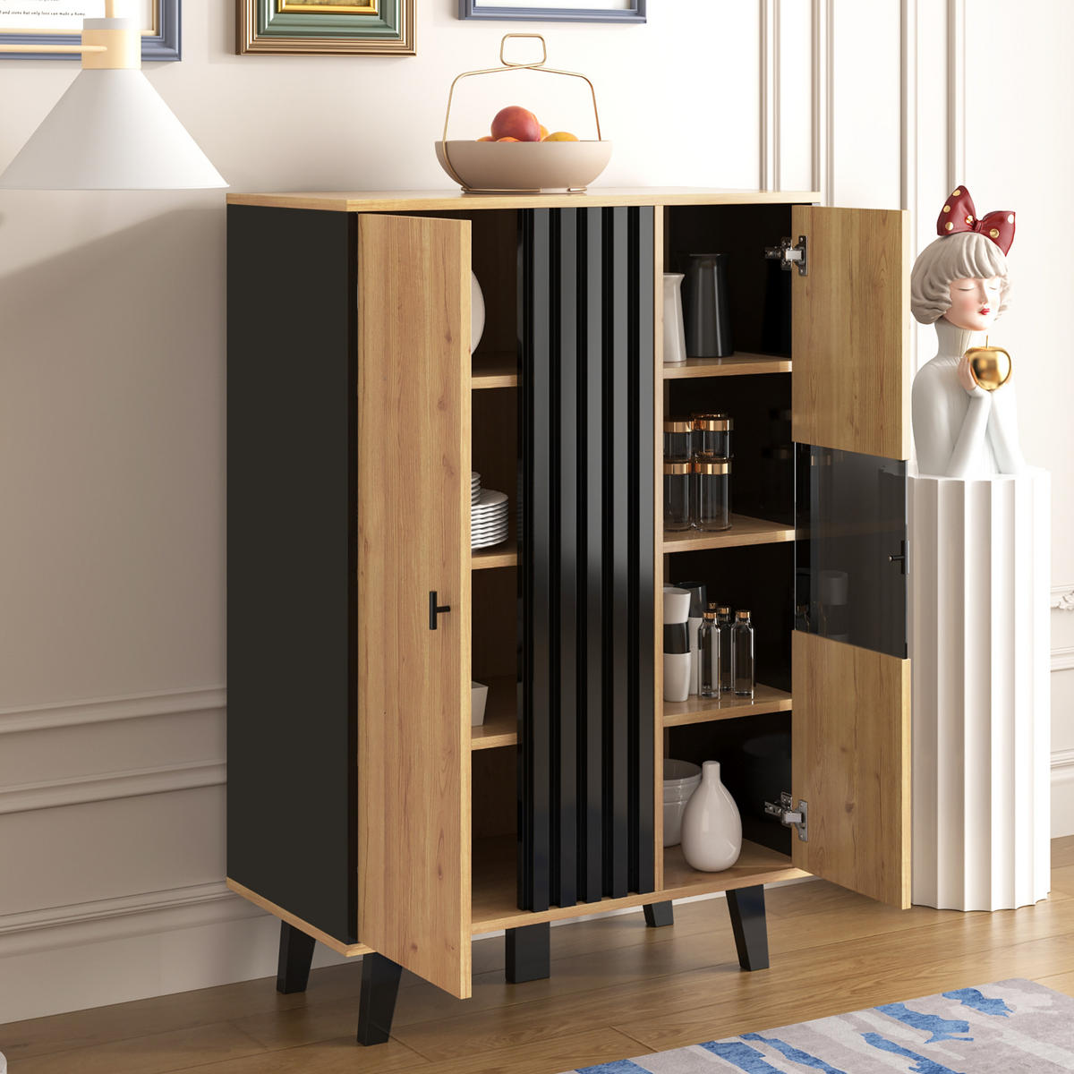 SIDEBOARD, Vitrine mit LED, Glas, Holzoptik/Schwarz - Naturfarben, Holzwerkstoff (40/120/80cm) - FLIEKS