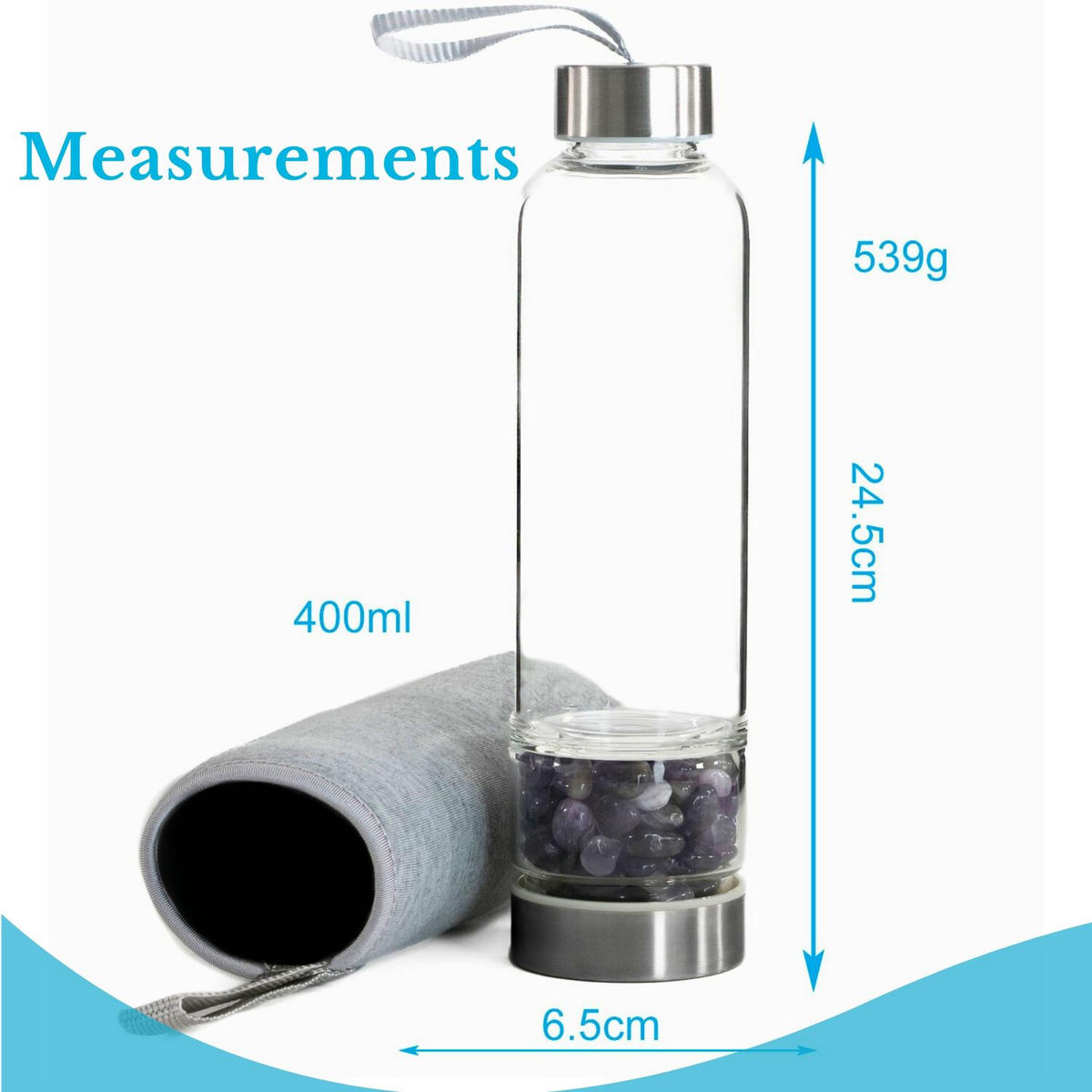 WASSERFLASCHE mit Heilsteinen und Tasche 400ml - Lila, Glas (0.4L) - Intirilife