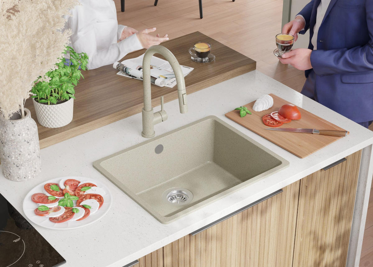 SPÜLBECKEN Venedig Slim Easy, 2-er set Beige 56/44 cm 1 Becken + Ablauf-Set ab 60er Unterschrank - Chromfarben/Beige, Kunststoff (56/20/44cm) - Primagran