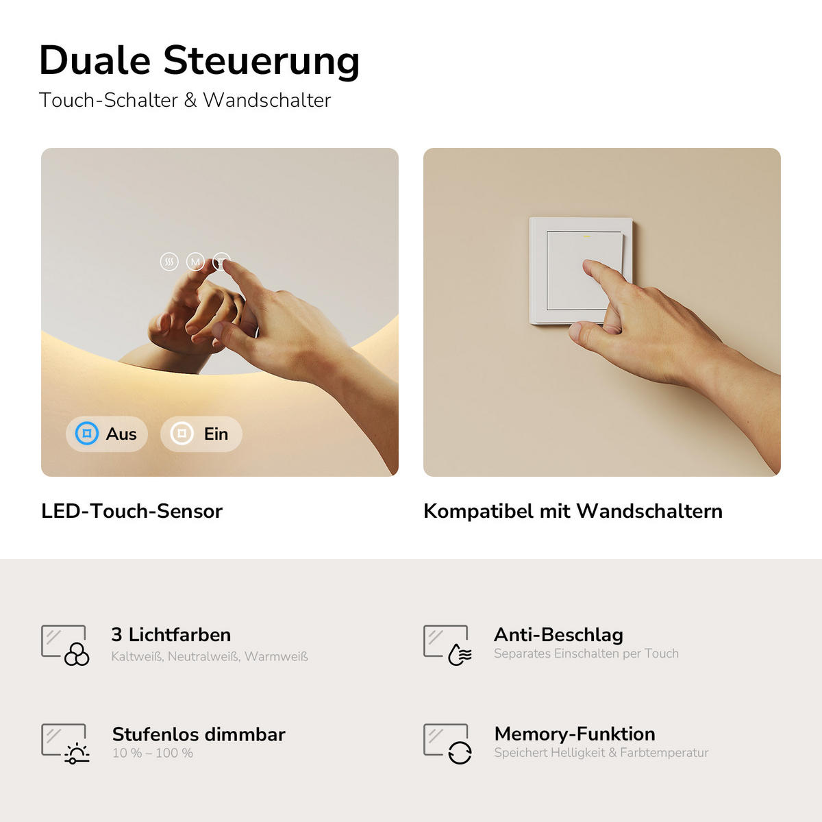 BADSPIEGEL asymmetrisch mit LED-Beleuchtung, Antibeschlag, 45/65 cm - Transparent, Glas (45/65/2.5cm) - EMKE