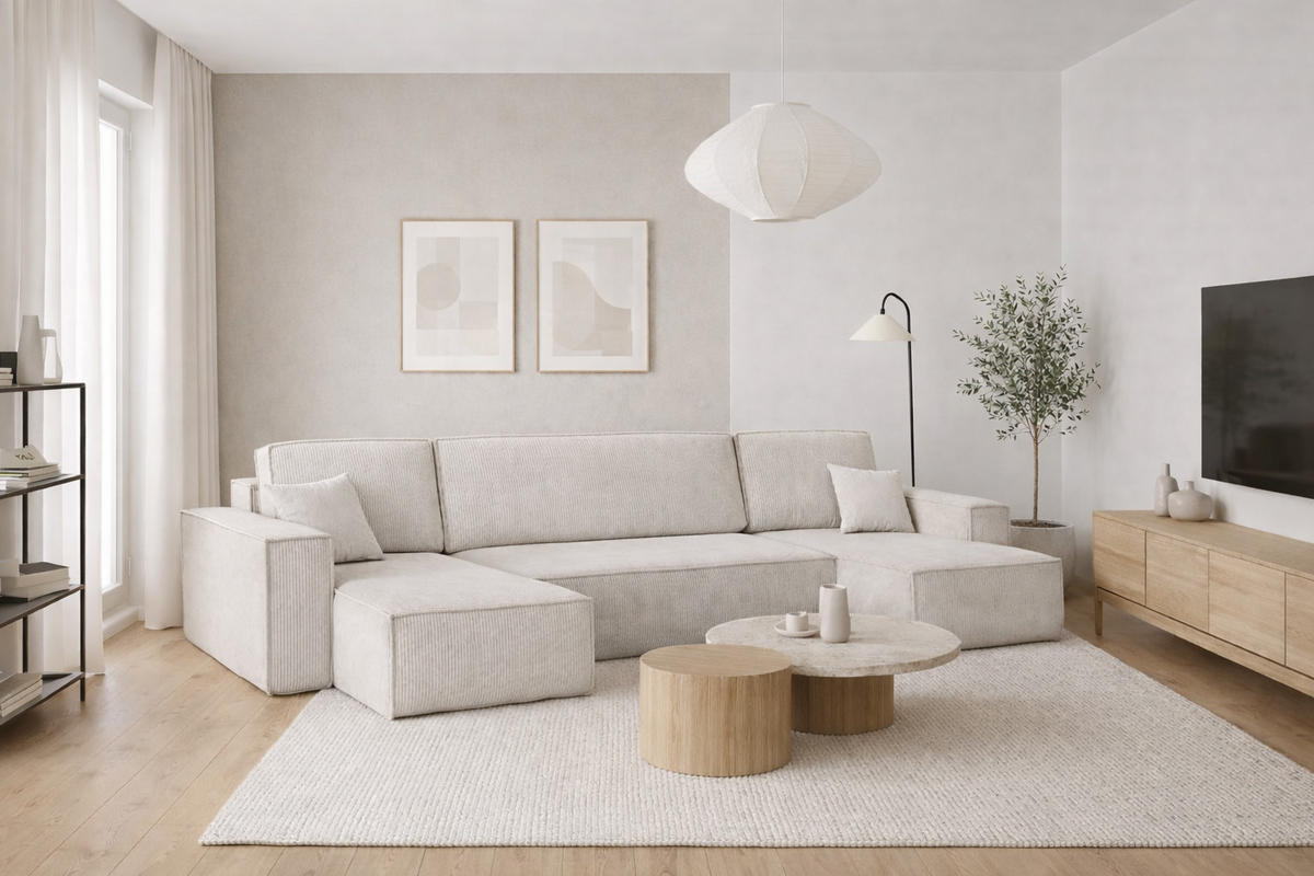 ECKSOFA Mit Schlaffunktion Und Bettkasten BEST Dicker Cord Cord Poso Beige - Beige, Holz/Textil (312/142cm) - Kaiser Möbel