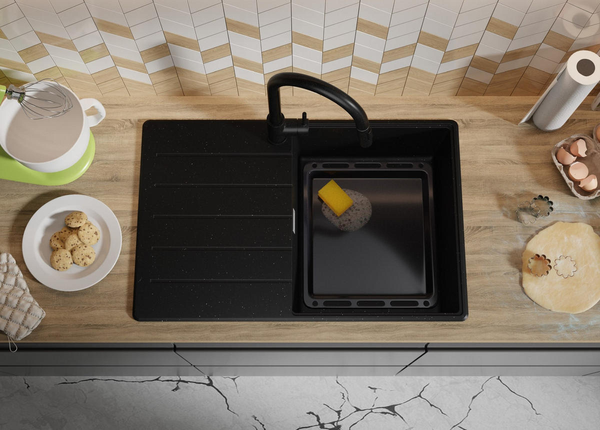 SPÜLBECKEN Kopenhagen, 2-er set Schwarz Metallic 78/50 cm 1 Becken + Ablauf-Set + Schneidebrett ab 50er Unterschrank - Chromfarben/Schwarz Hochglanz, Kunststoff (78/20/50cm) - Primagran