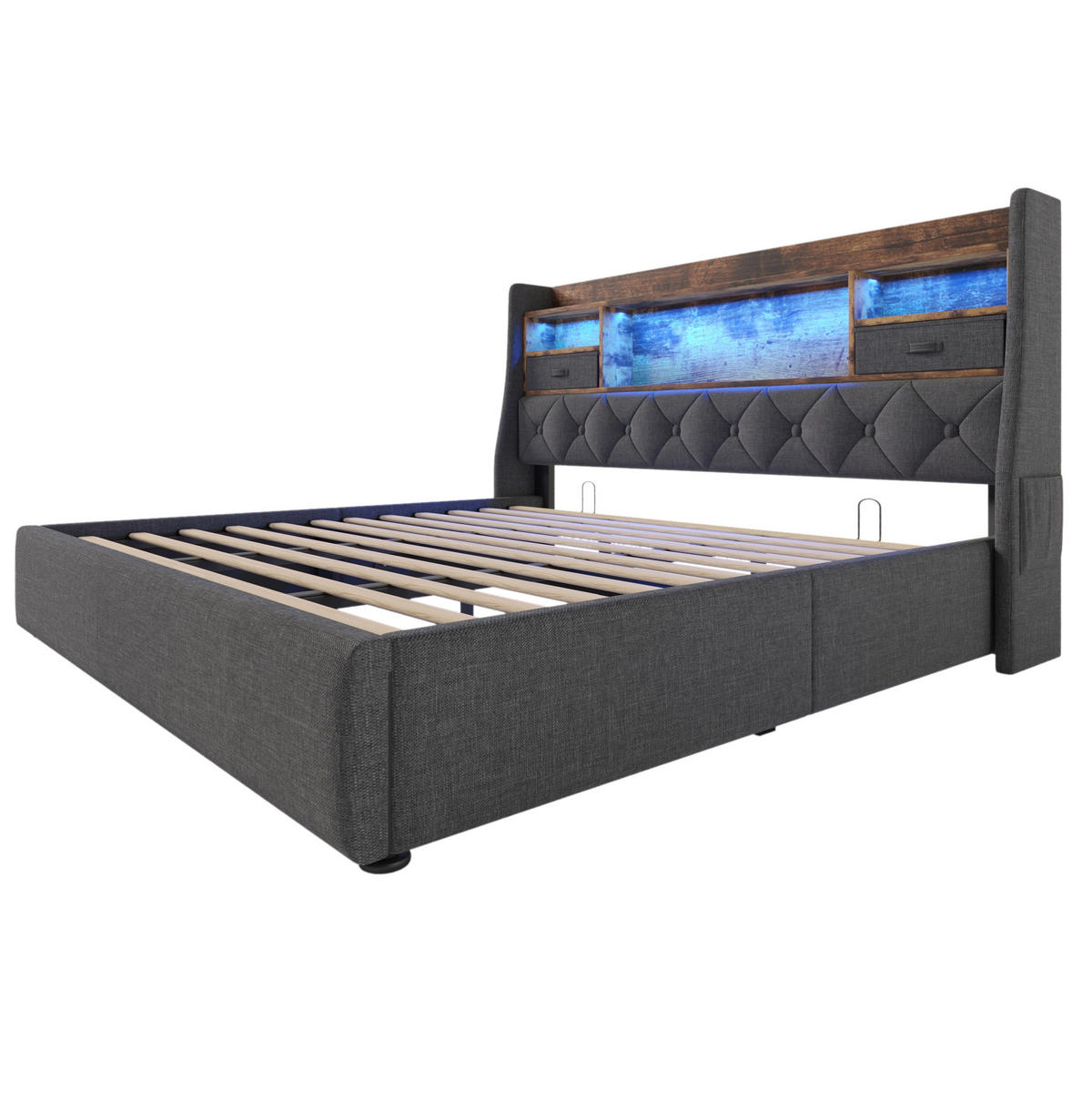 POLSTERBETT aus Leinenstoff 180x200 cm Grau mit hydraulischem Stauraum, LED-Beleuchtung und Ladeanschlüssen - Grau, Textil (180/200cm) - IVMEU
