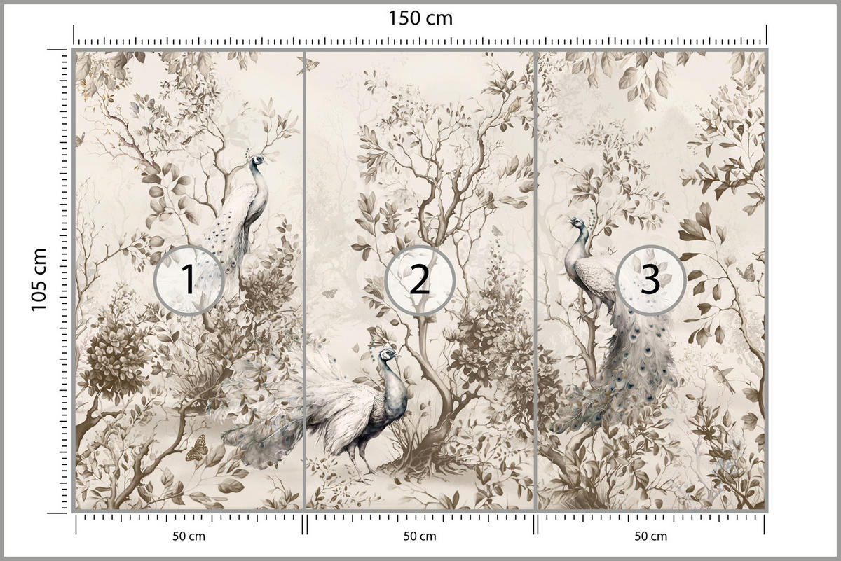FOTOTAPETE für Wohnzimmer Pfauen Zwischen Bäumen Büsche Blätter 150x105 - Beige, Papier (150/105cm) - Muralo