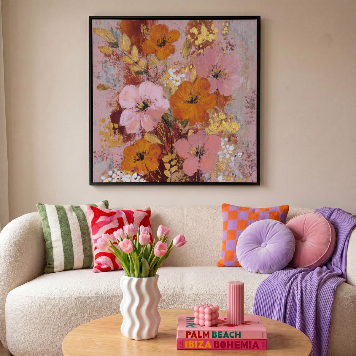 LEINWAND Bilder mit Rahmen - Malerei - Blumen - Rustikal - Rosa - 90x90 - Altrosa, Textil (90/90cm) - MuchoWow