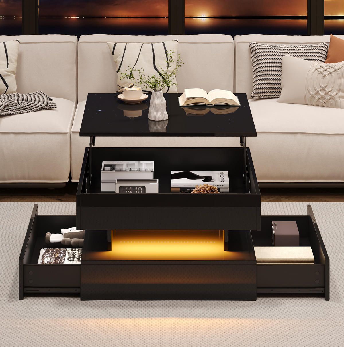 COUCHTISCH 65/65/38,5 cm mit anhebbarer Tischplatte, 2 Schubladen, LED-Beleuchtung und verstecktem Stauraum aus Spanplatte, Schwarz - Schwarz, Holzwerkstoff (65/65/38.5cm) - Redom
