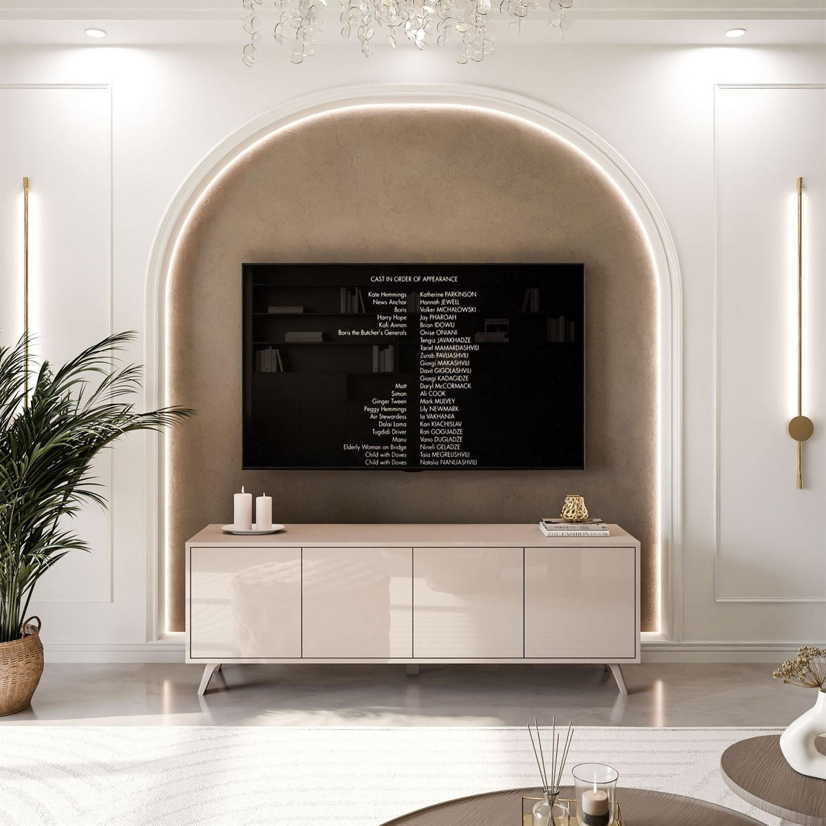 TV-SCHRANK SANAYI mit hohen Kunststoffbeinen Kaschmir Hochglanz - Beige, Holzwerkstoff (156/54/38cm) - Lookway