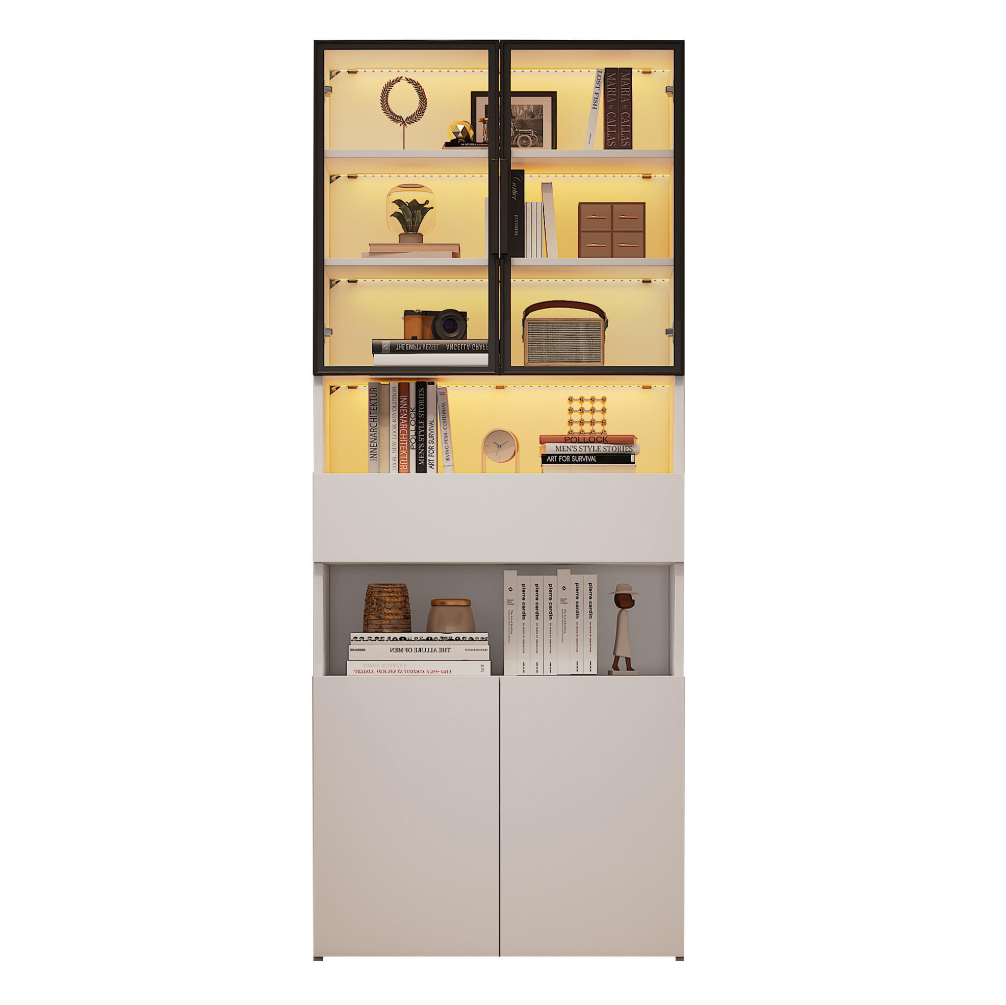 VITRINE mit LED 70x30x200 cm Weiß mit Glastüren und Schublade - Weiß, Holzwerkstoff (30/200/70cm) - Beauniv
