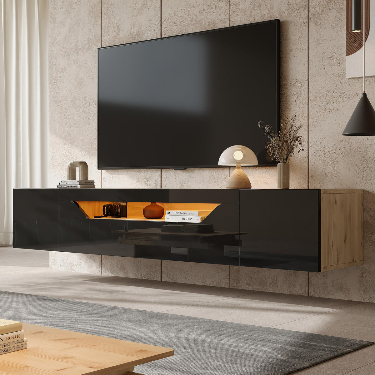 TV-ELEMENT wandmontiert 180 x 37 x 36 cm Schwarz/Natur mit LED - Schwarz, Holzwerkstoff (37/36/180cm) - Beauniv