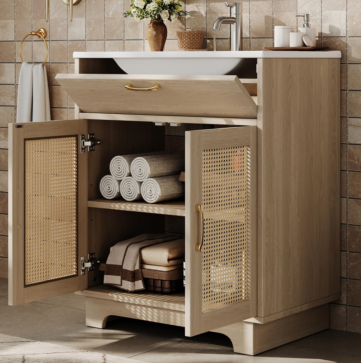 WASCHTISCHKOMBI 76/46/88 cm Natur aus Keramik und MDF mit Klappfach und Soft-Close-Türen - Naturfarben, Keramik (76/88/46cm) - OKWISH
