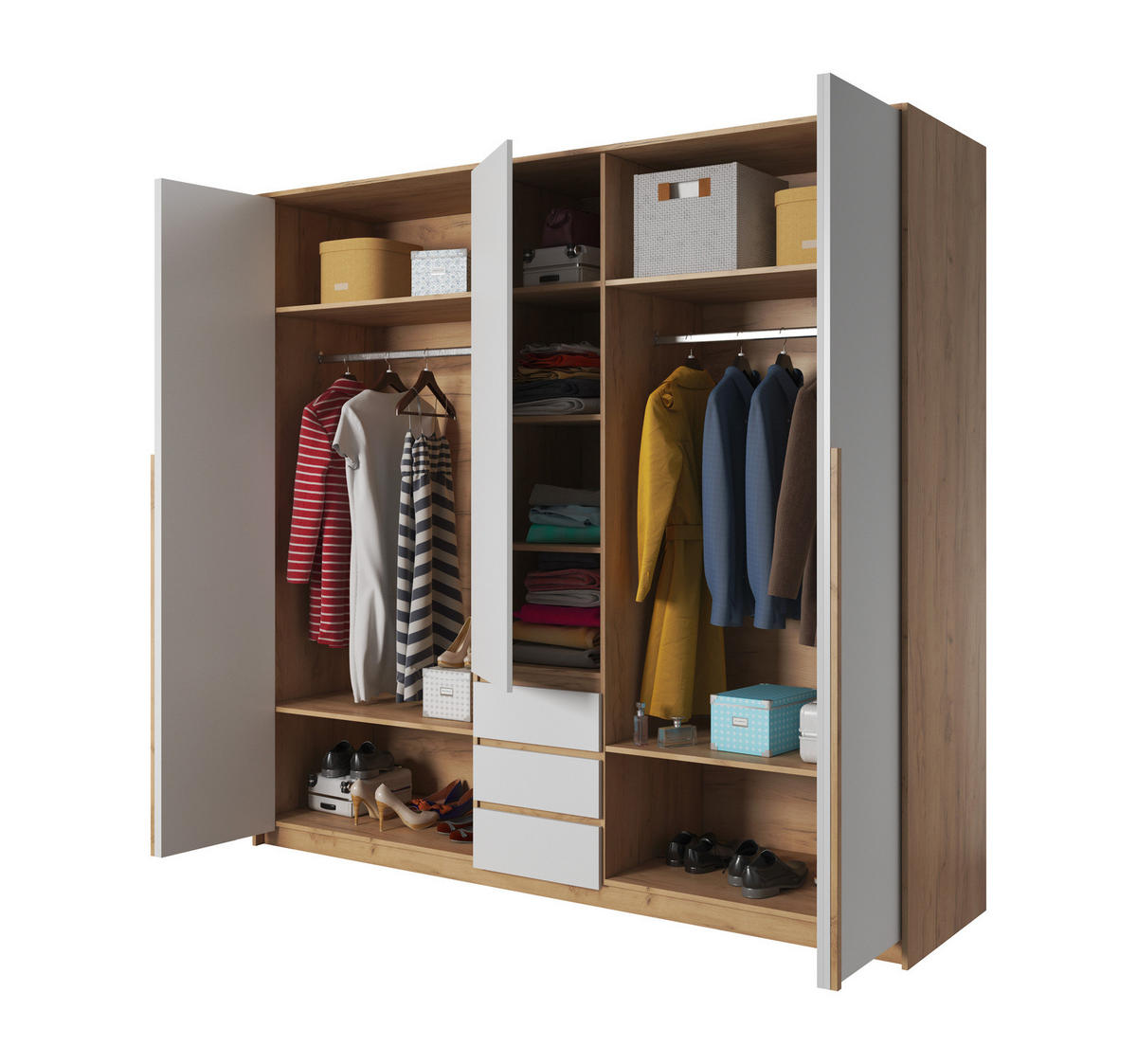 KLEIDERSCHRANK CORSA 230 cm Eiche Craft Gold / Weiß - mit Falttüren, Passepartout und LED - Eichefarben/Weiß, Holz/Holzwerkstoff (230/215/65cm) - Ravio