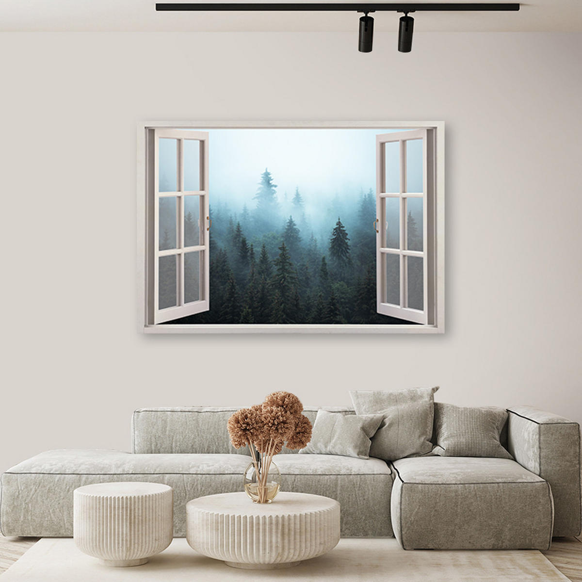 WANDBILD fenster anzeigen wald in nebel natur - Grün, Textil (60/40cm) - Feeby