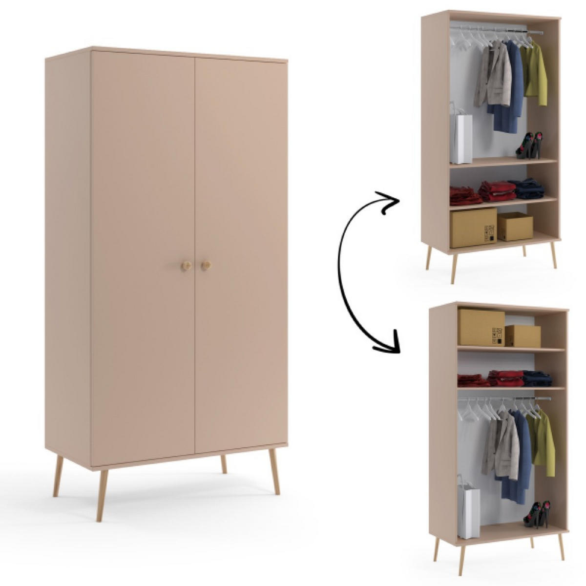 SCHRANK Macchiato Boho Tiefe Holzbeine 2 Regale Und Kleiderstange - Beige, Holzwerkstoff (100/202/52cm) - Sepro Meble