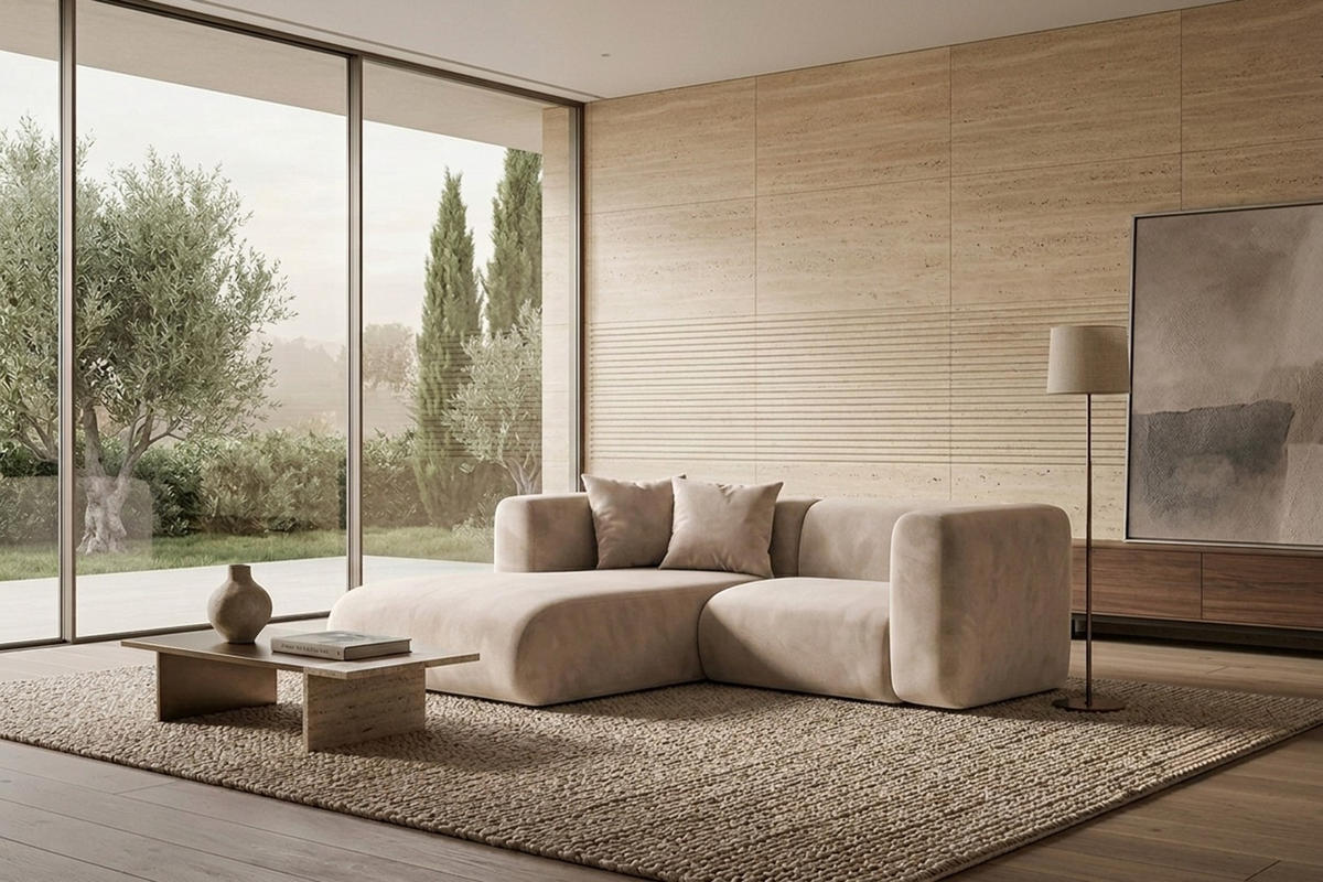 ECKSOFA L-Form mini, Velvet-Stoff Bluvel, Creme, Links, GRETA - Creme, Holz (226/179cm) - Kaiser Möbel
