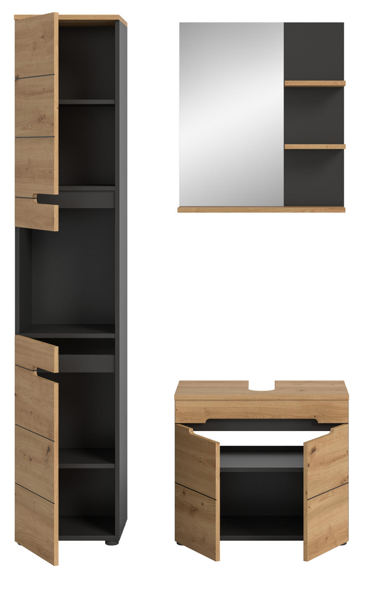 BADMÖBEL-SET Eiche, grau 3-teilig 116 cm, Komplettset mit Soft-Close - Schwarz/Eiche Artisan, Glas/Holzwerkstoff (116/193/34cm) - Inn.Furn