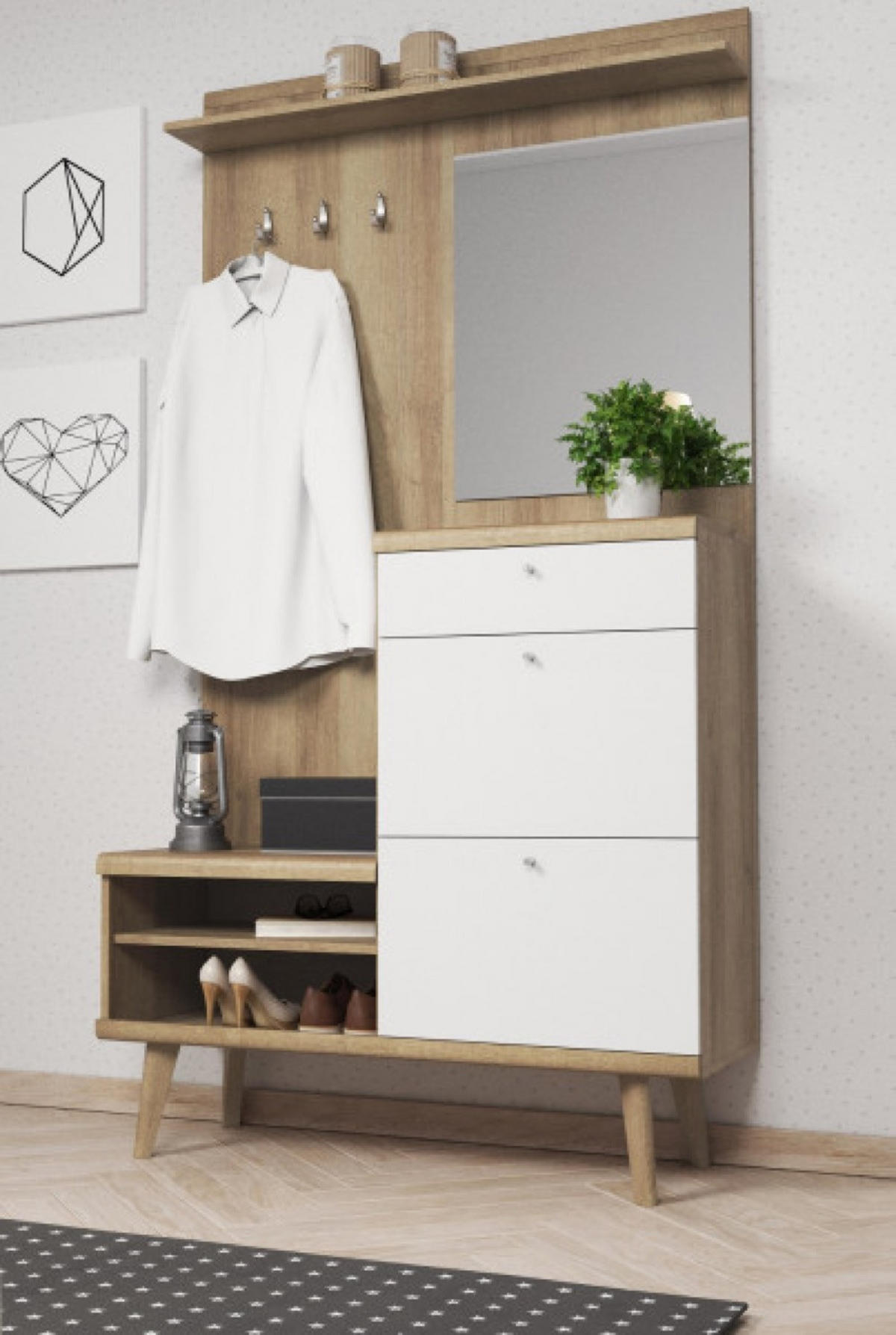 GARDEROBE Riviera Eiche Weiß DRIMO Mit Spiegel Mit Massivholzbeinen - Multicolor, Holzwerkstoff (110/200/34cm) - Sepro Meble