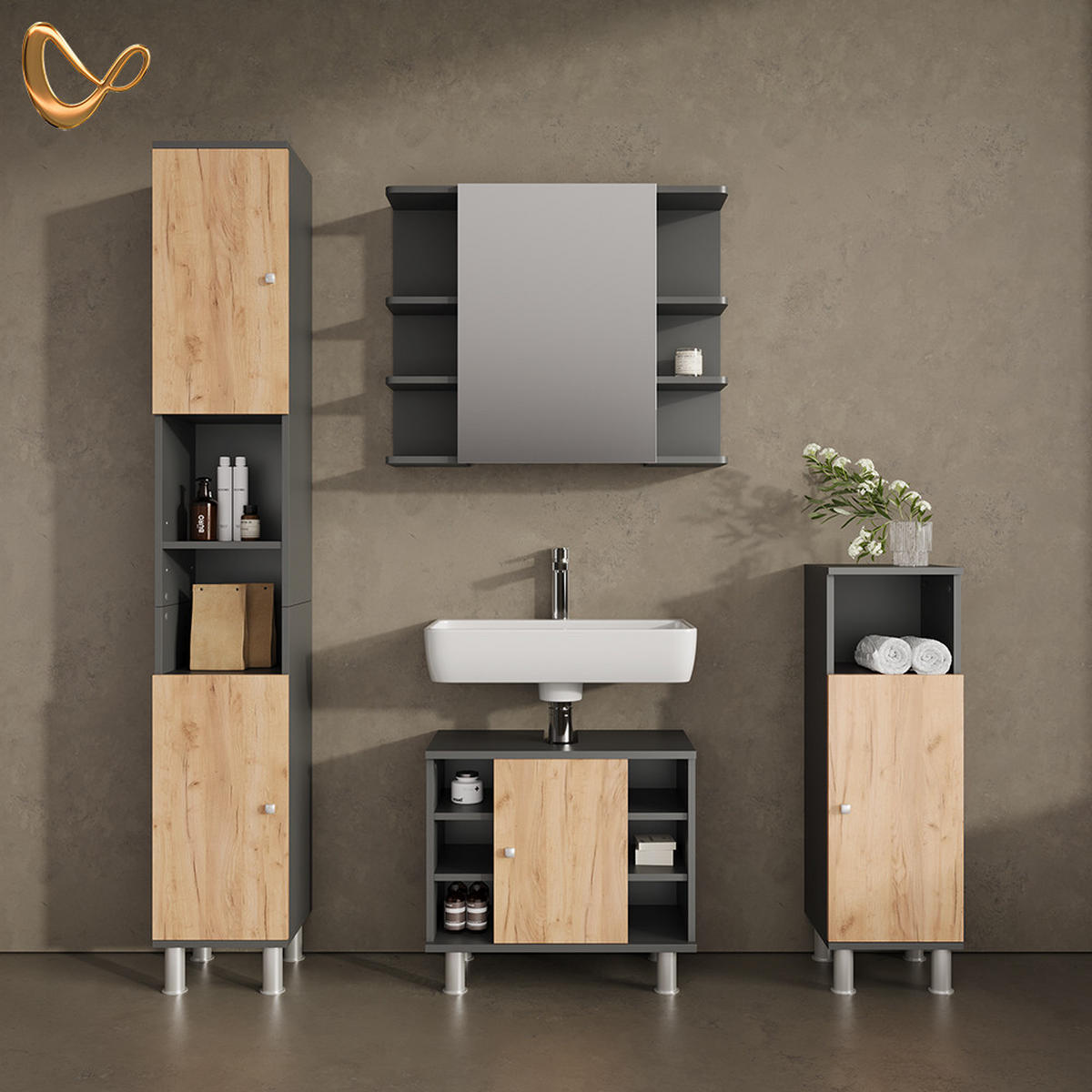 BADMÖBEL-SET Fucino Anthrazit/Goldkraft Eiche 4 Teile - Honigeiche/Anthrazit, Holzwerkstoff (60/54/32cm) - Livinity®