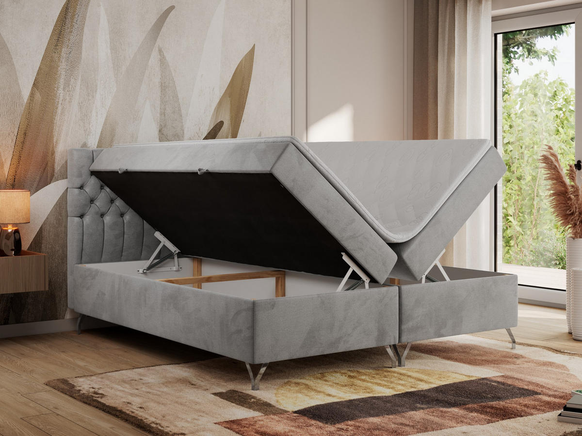 BOXBETT GRIMALDI 180/200 Hellgrau Velvet - H4 - Hellgrau, Holz/Textil (180/200cm) - MKS
