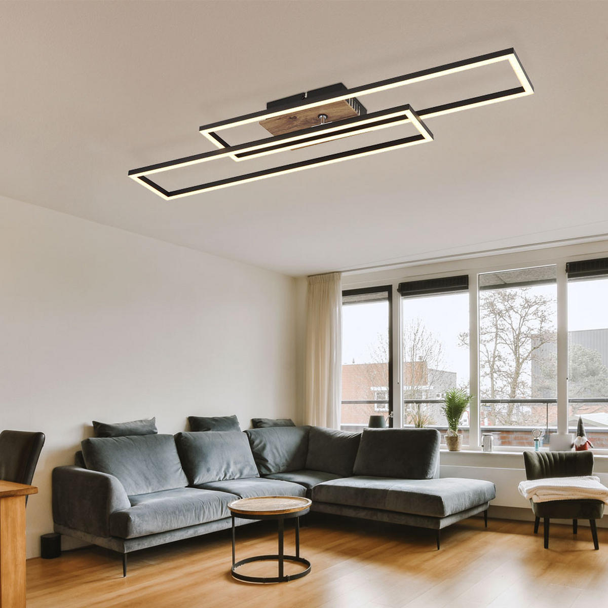 LED DECKENLEUCHTE DAKARI Holzoptik Schwarz - Schwarz, Metall (80/60/8cm) - Globo Lighting