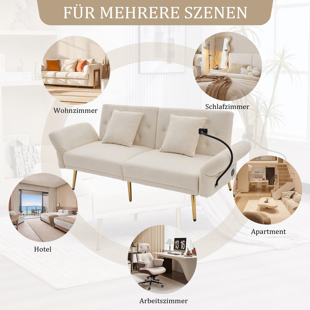 SCHLAFSOFA 2-Sitzer Chenille mit 3-fach verstellbarer Rückenlehne und USB-Anschluss Beige 173/78/78 cm - Beige, Textil (78/78/173cm)