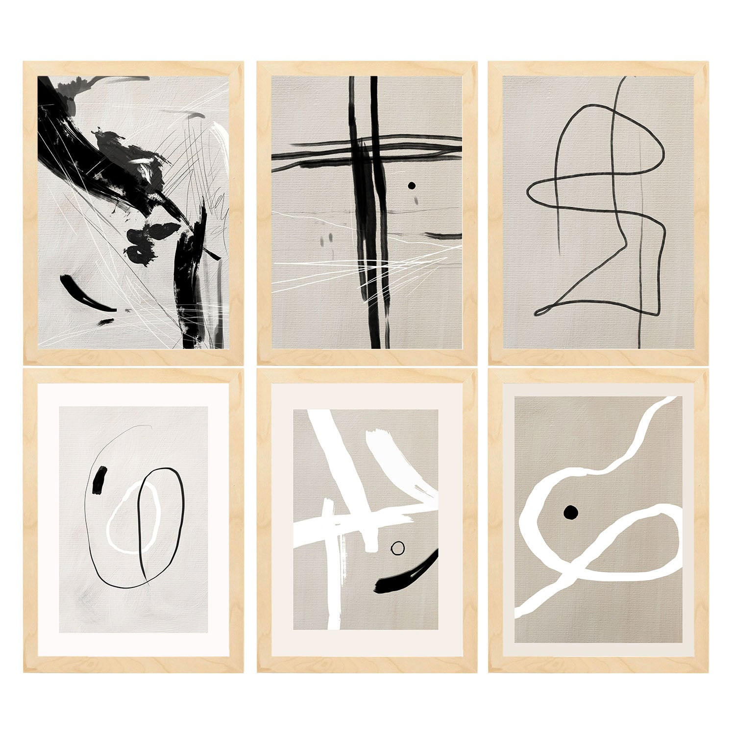POSTER Set Mit 6 Illustrationen Von Franz Kline A3 Rahmen Aus Hellem Holz - Beige, Papier (29/3cm) - Nacnic