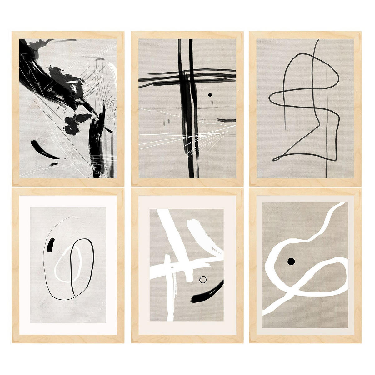 POSTER Set Mit 6 Illustrationen Von Franz Kline A3 Rahmen Aus Hellem Holz - Beige, Papier (29/3cm) - Nacnic