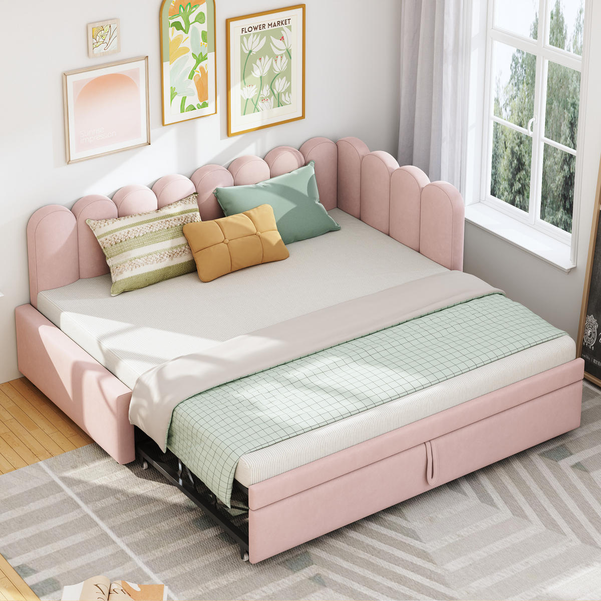 POLSTERBETT 90/200 cm L-Form Rosa Samt mit ausziehbarem Kopfteil - Rosa, Textil (90/200cm) - OKWISH