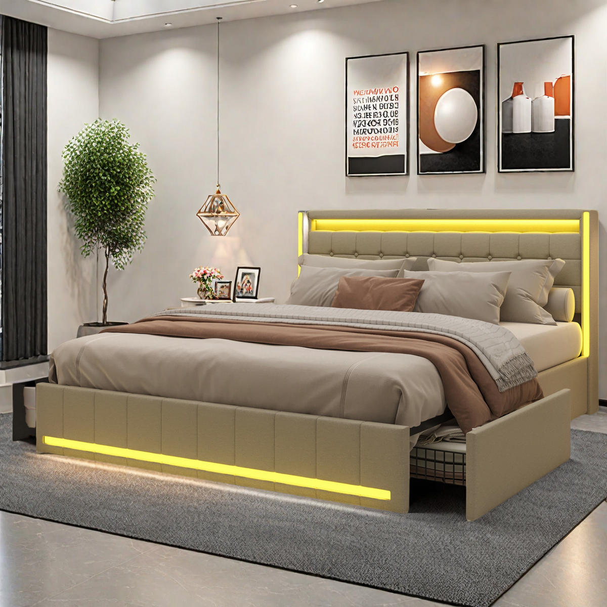 POLSTERBETT 140x190 Beige LED USB 4 Schubladen - Grau, Holzwerkstoff (140/200cm) - SHOPENTRA