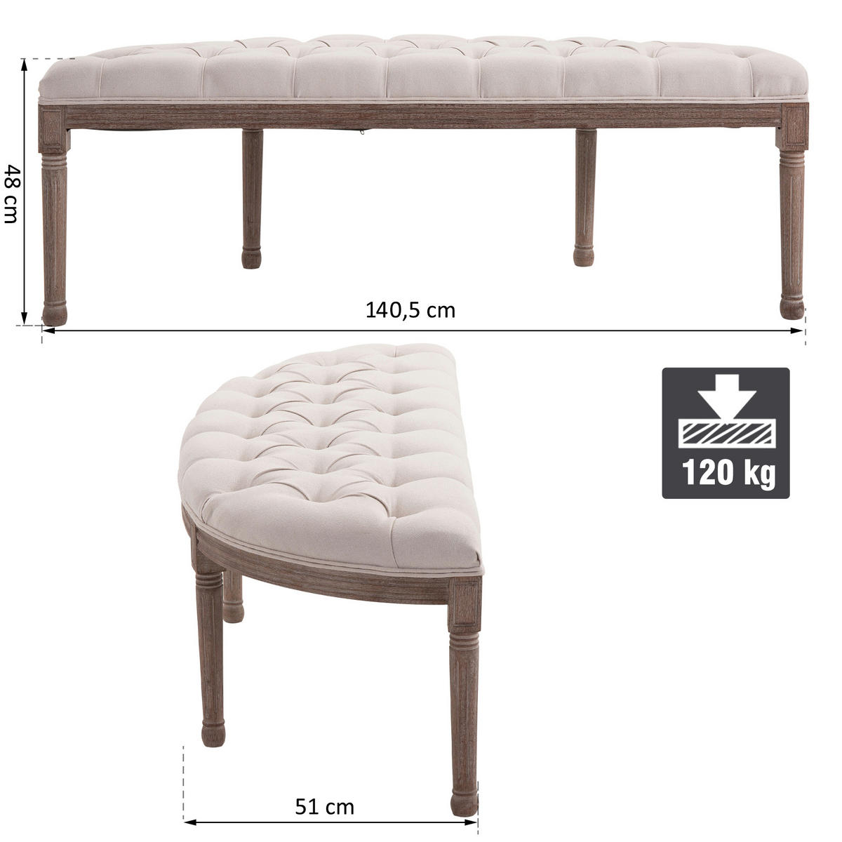 POLSTERBANK mit Knöpfen, Leinen + Holz, beige, 140,5 x 51 x 48 cm - Beige, Kunststoff (51/48/1405cm) - HOMCOM