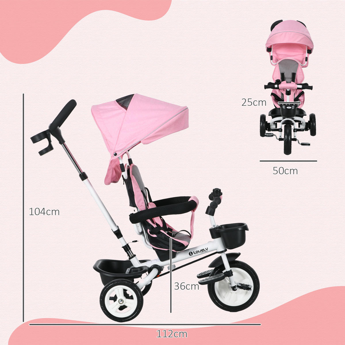 6 in 1 Dreirad mit Schubstange, Kinderdreirad mit Sicherheitsgurt, Sonnendach - Rosa, Metall (112/50/104cm) - HOMCOM