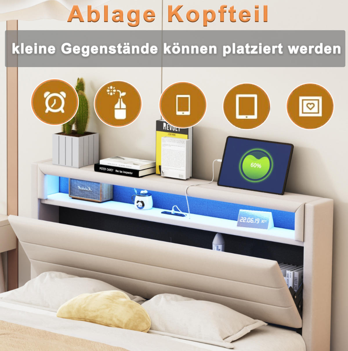 POLSTERBETT mit Stauraum, USB und LED 140x200 cm Leinen Beige - Beige, Metall (140/200cm) - Meubliv