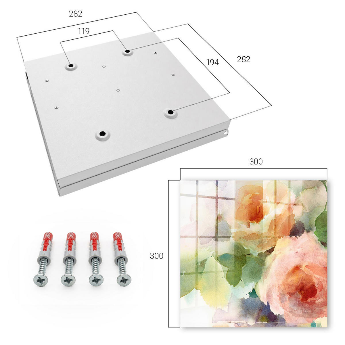 SCHLÜSSELBOX Weiß 30x30 cm – Türöffnung nach rechts - Aquarellblumen - Grün, Metall (30/30/5cm) - TULUP