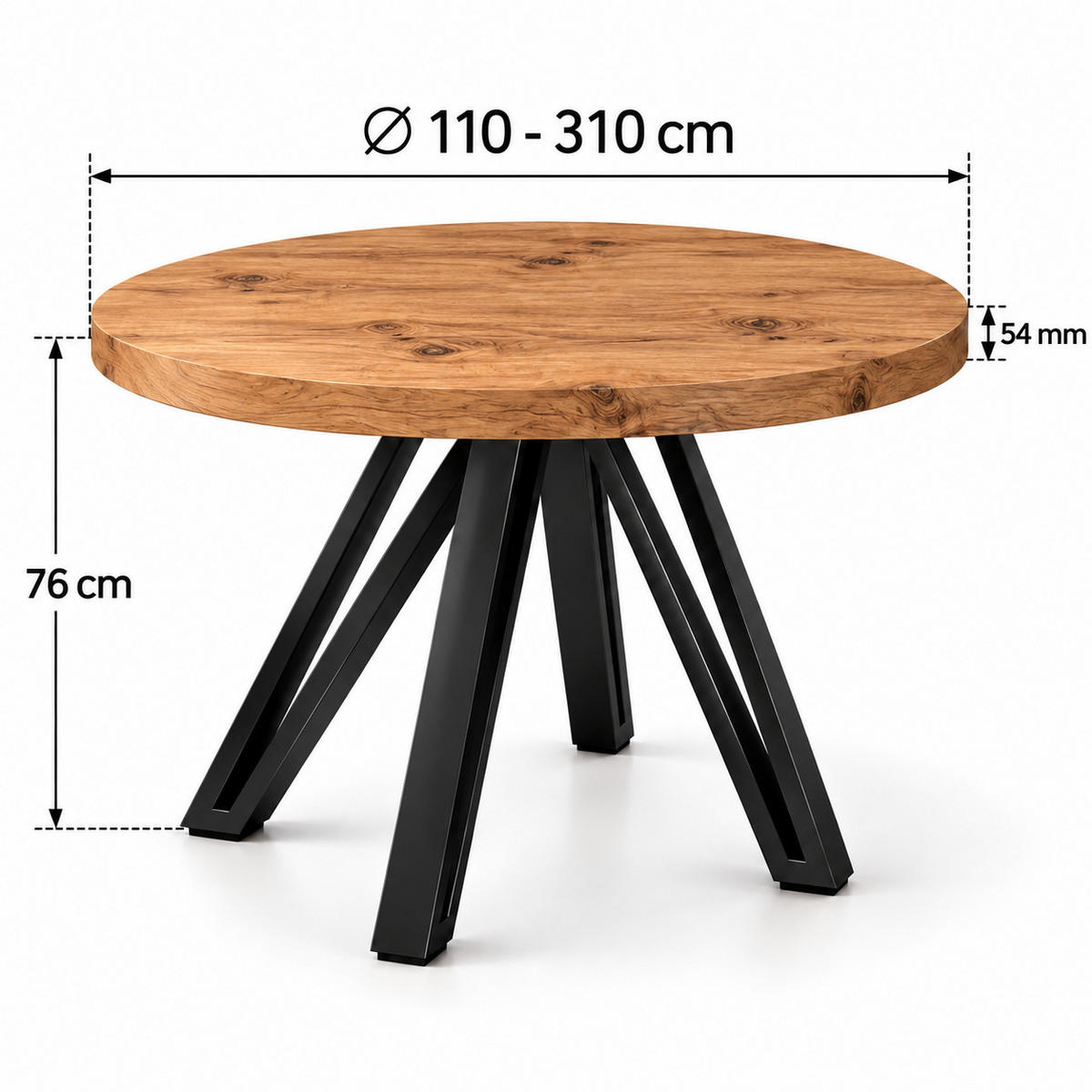 ESSTISCH rund ausziehbar 110/310/76 cm, Eiche Craft, 54 cm Tischplatte + Industrial Metallgestell Schwarz - Eichefarben/Schwarz, Holzwerkstoff/Metall (110/310/76cm) - Damale Möbel