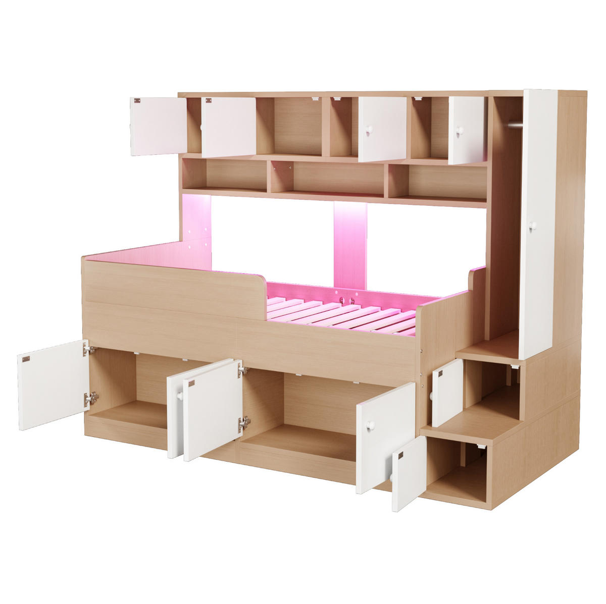 DĚTSKÁ postel 90/200 cm v barvě dřeva z MDF s úložným prostorem a LED osvětlením - barva dubu, kompozitní dřevo (90/200cm) - OKWISH