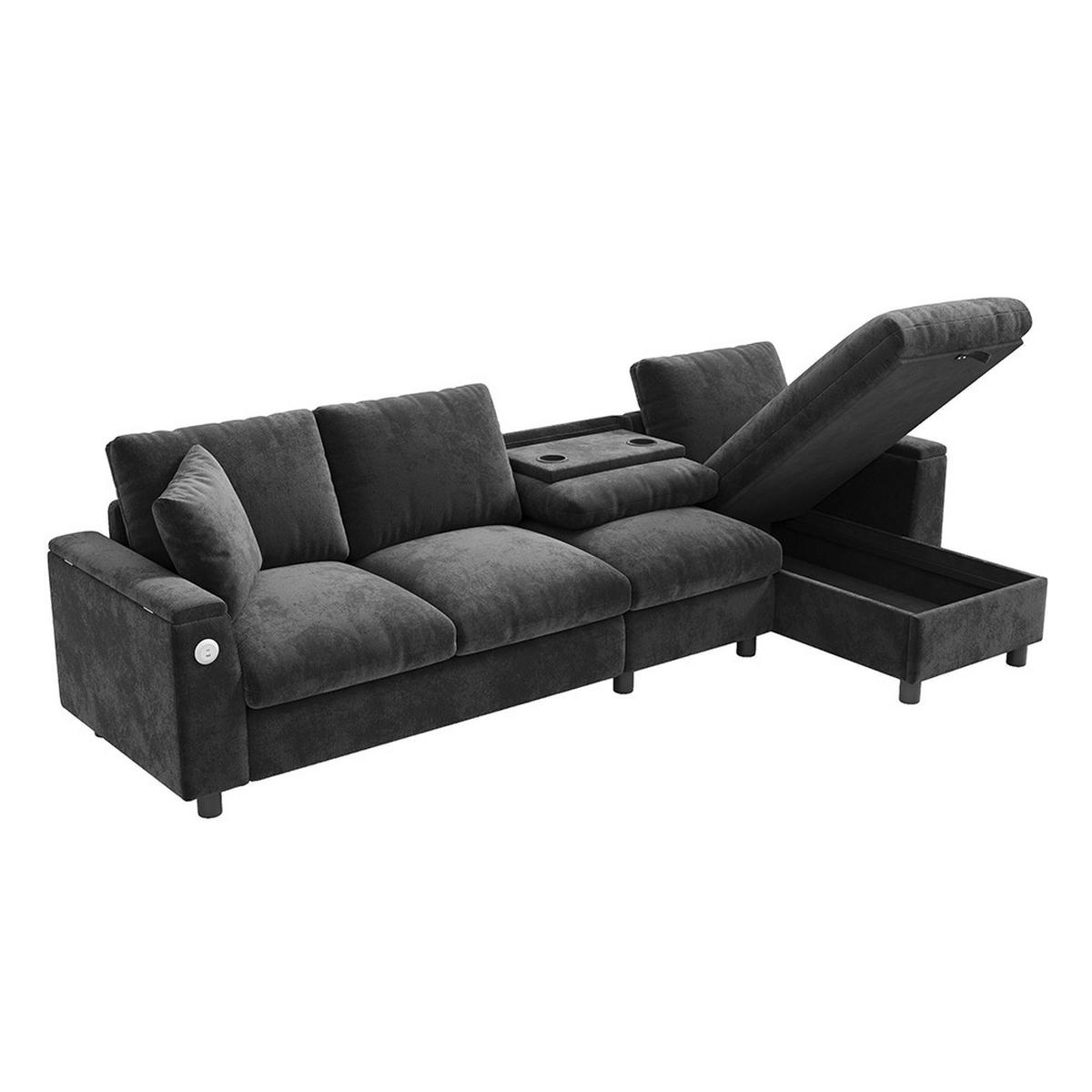 ECKSOFA L-förmige Ecke und zwei Armlehnen mit Stauraum,Chenille-Stoff,Grau - Grau, Textil (137/280cm) - KOMHTOM