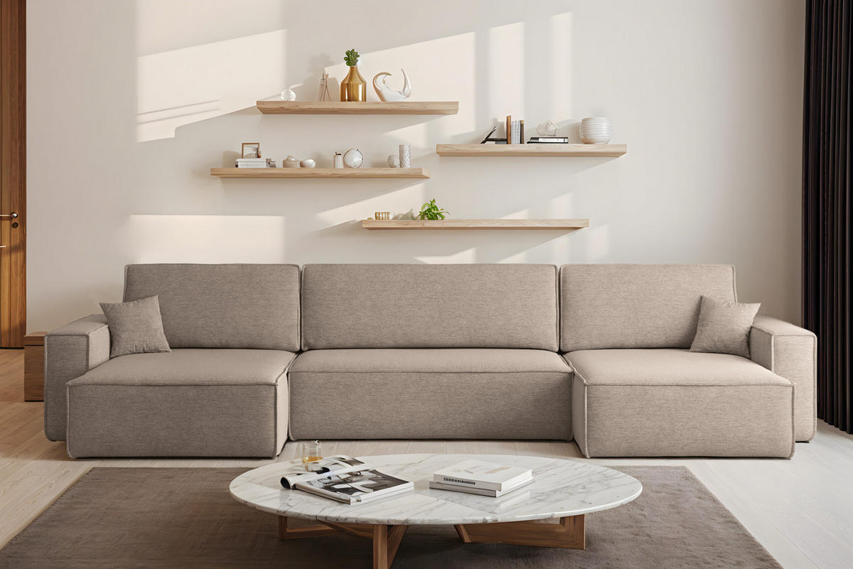ECKSOFA Mit Schlaffunktion Und Bettkasten, Eckcouch BEST U XL Stoff Verita Warmbeige - Ecru, Holz (142/372cm) - Kaiser Möbel