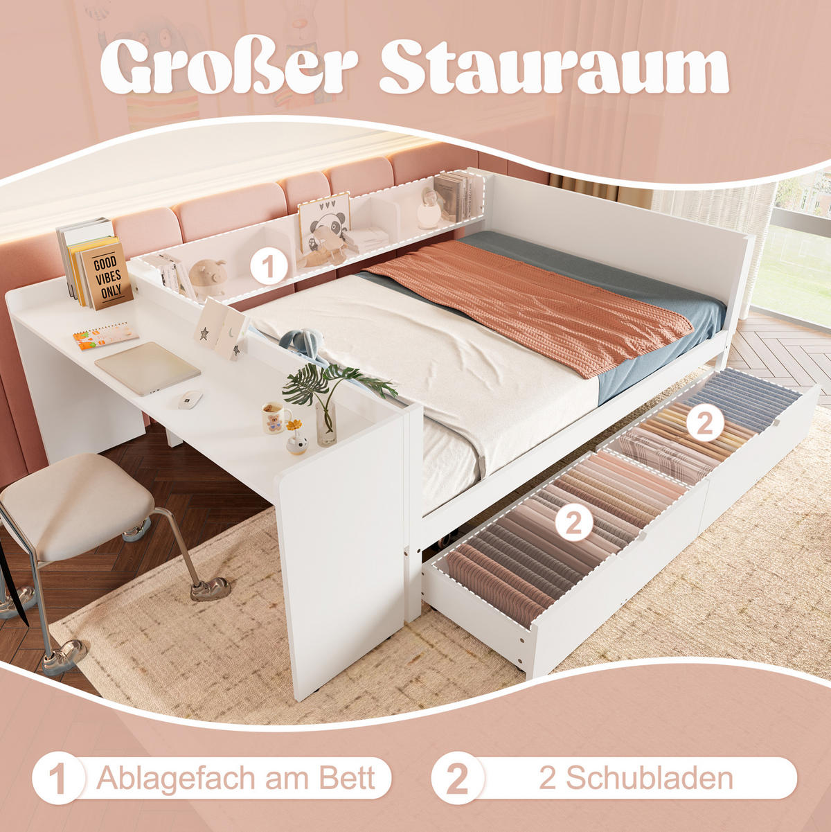 BETT 140/200 cm mit Schreibtisch, 2 Schubladen und 3 Regalen aus Kiefern und Spanplatte, Weiß/Rosa - Weiß, Holzwerkstoff (140/200cm) - Redom