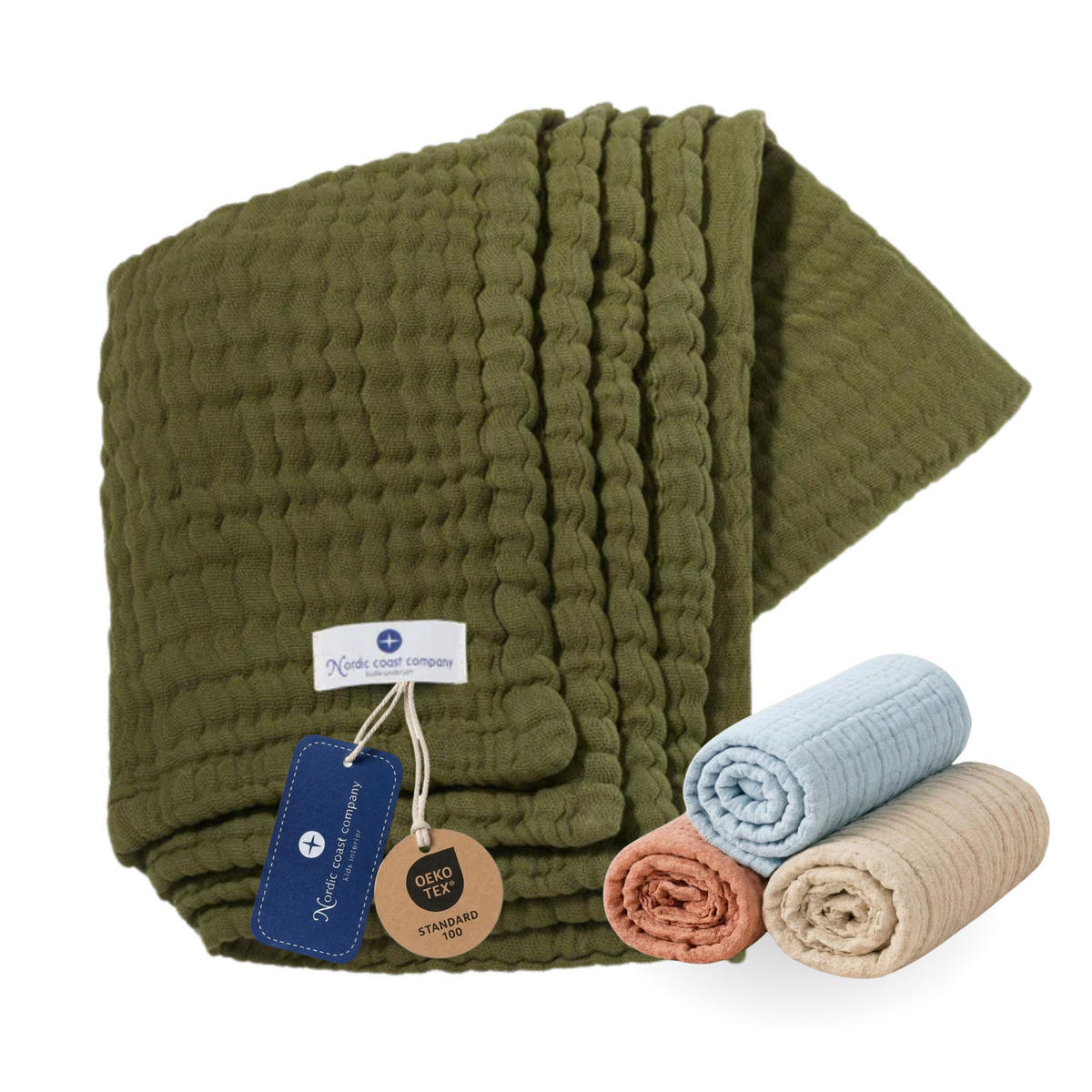 MUSSELINDECKE Babydecke Stilltuch Einschlagdecke Säuglingsdecke Mulltuch ab Geburt - Olivgrün, Textil (80/80cm) - nordic coast company